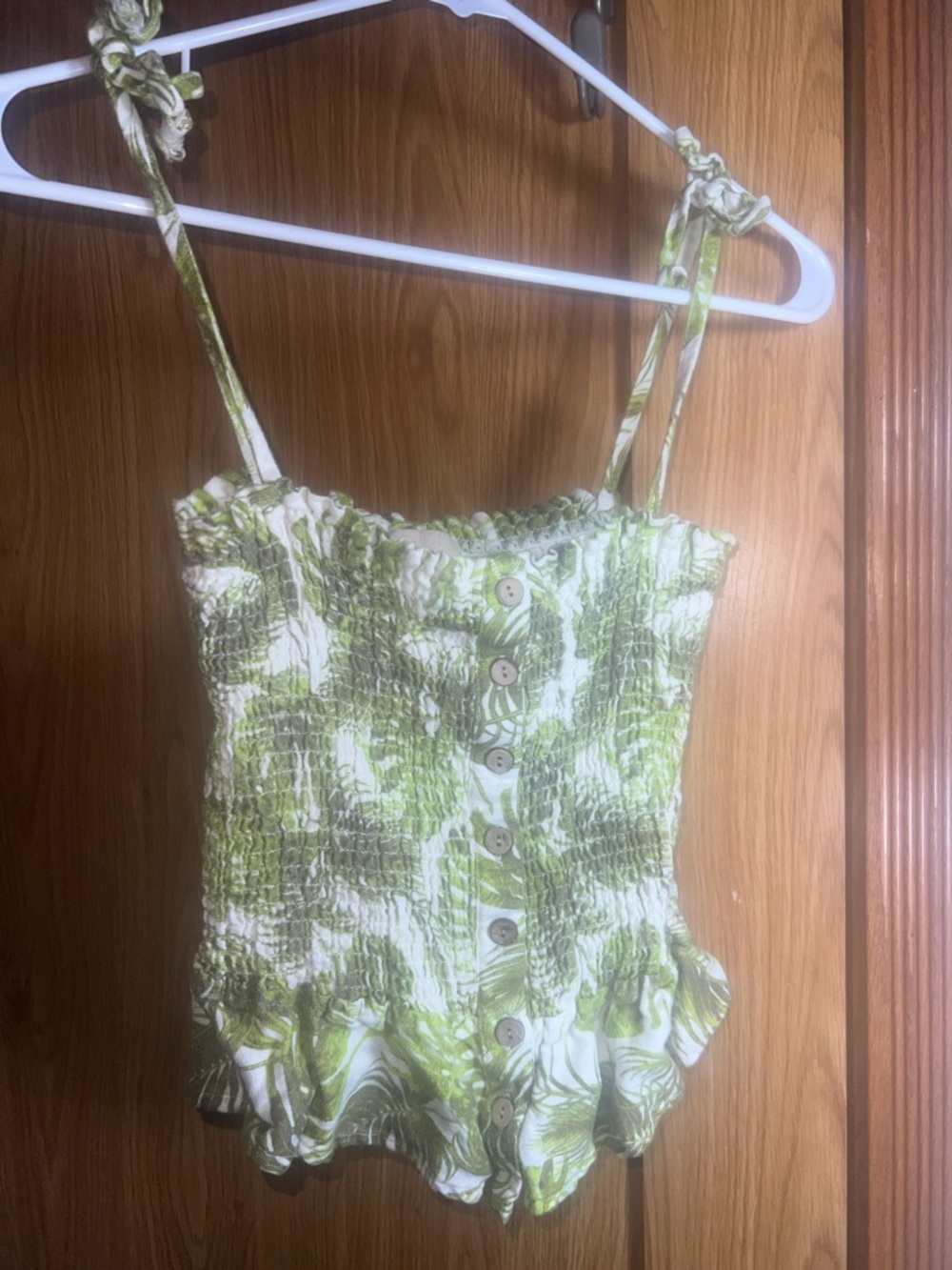 Chaser Green & White Smocked Tie-Strap Tank with Button Front